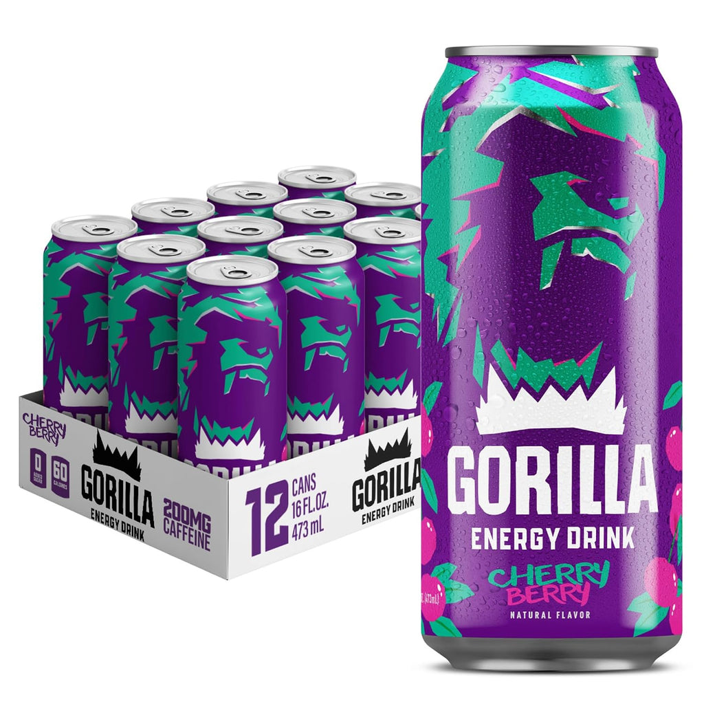 Gorilla Energy Drink, Original 0 Sugar, 200mg Plant-Based Caffeine, 12 Pack