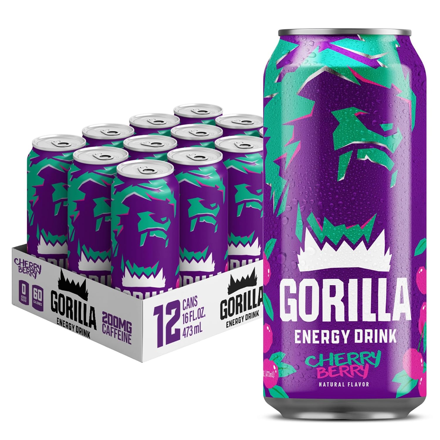 Gorilla Energy Drink, Original 0 Sugar, 200mg Plant-Based Caffeine, 12 Pack