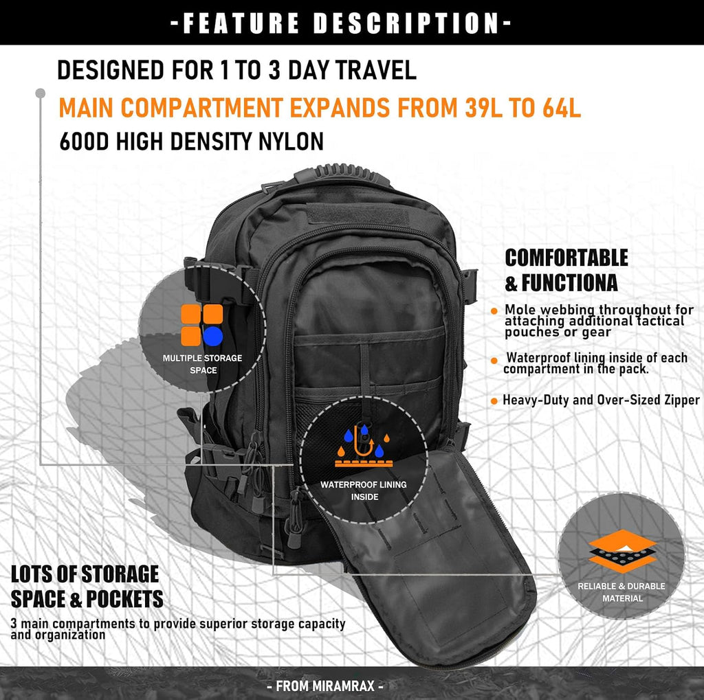 Miramrax Tactical Backpack Military Army Daypack - Assault Pack for Men Molle Backpacks Bug Out Bag 3 Day Pack for Hiking Camping Travel Hunting Rucksack Trekking Black