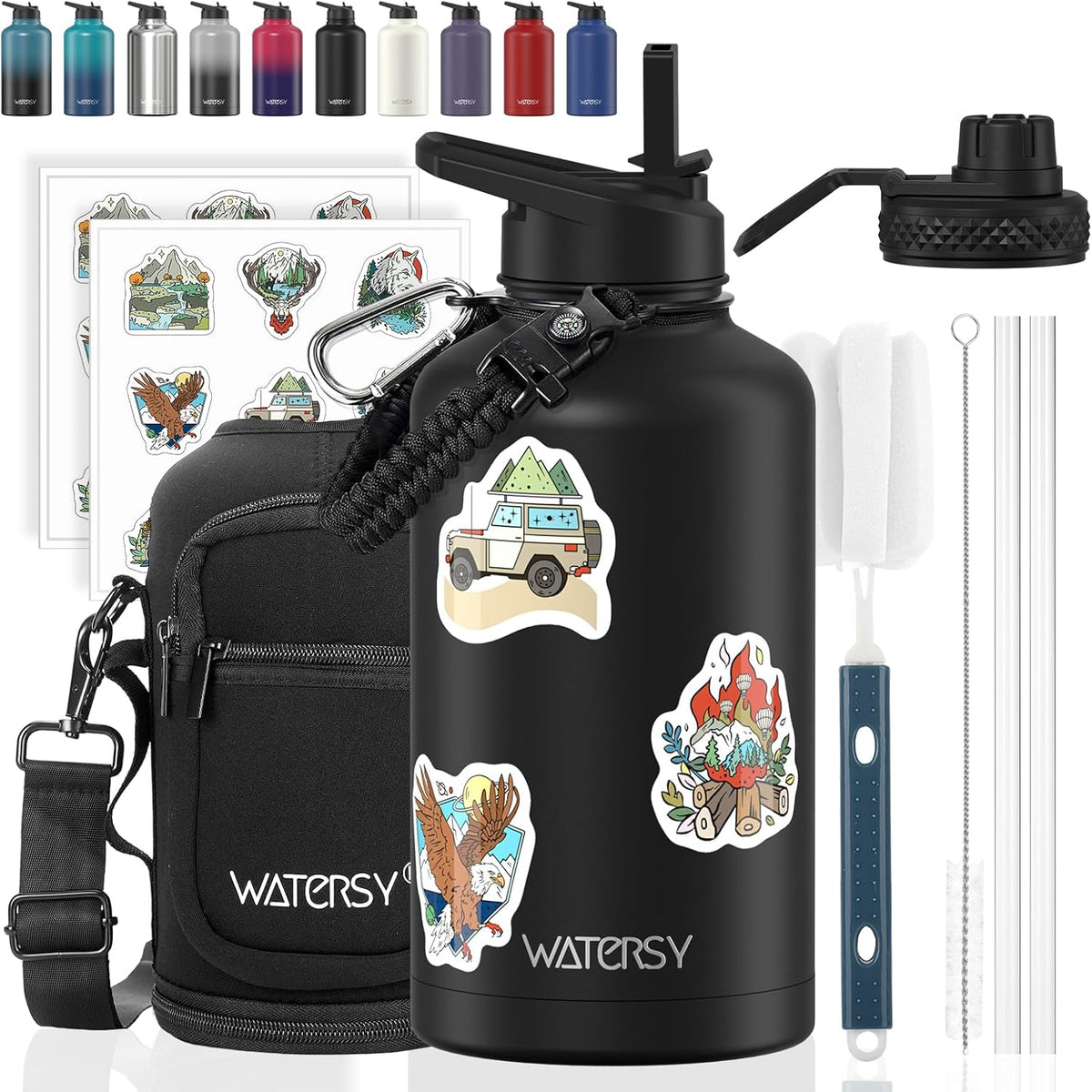 64oz Insulated Water Bottle (Cold for 48 Hrs),BPA Free&Leak Proof,Half Gallon Stainless Steel Water Flask,Water Jug with Straw Spout Lids for Gym,Hiking,Camping,Black