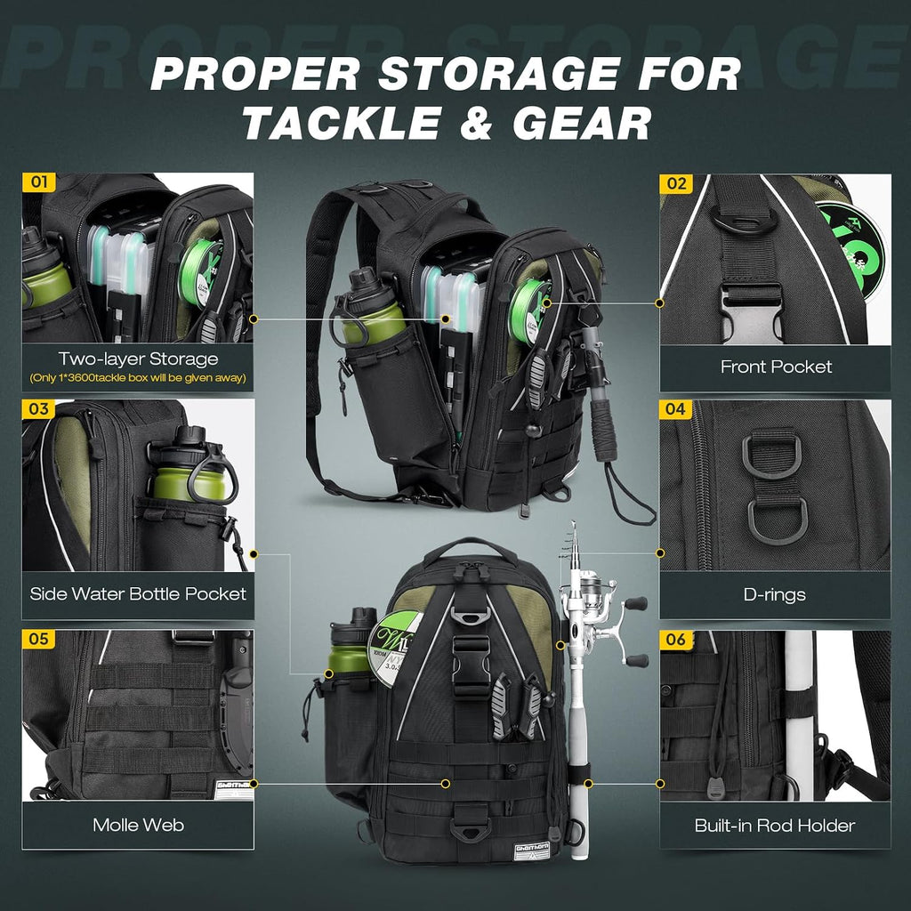 Ghosthorn Fishing Tackle Backpack with Tackle Boxes Rod Holder Fishing Bag