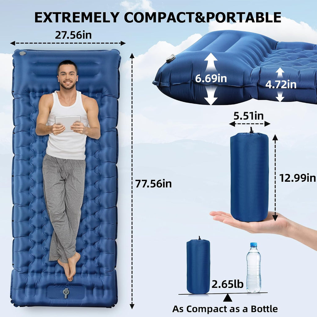 Toncoke Sleeping Pad, 4.7" Extra-Thick & Ultralight Inflatable Camping Mat with Pillow, Built-in Foot Pump, Compact for Backpacking, Camping, Hiking, Travel — Navy Blue