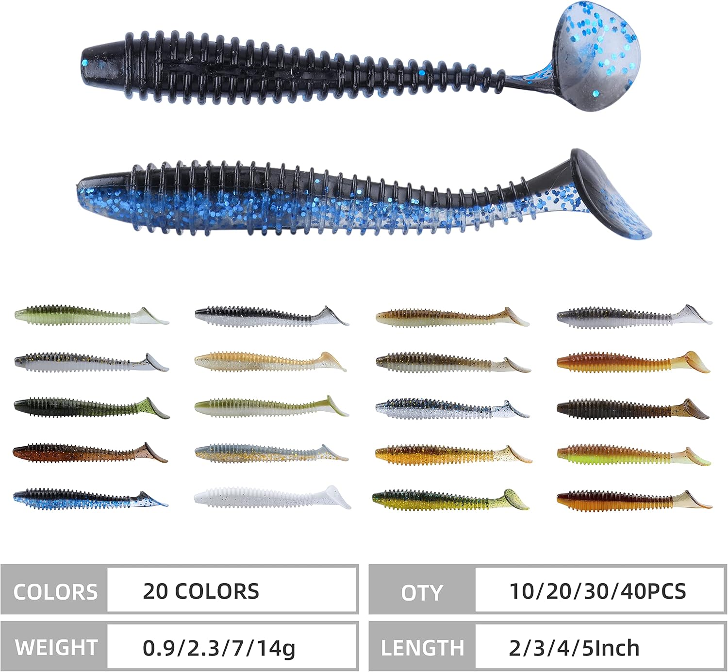 RUNCL Swimbaits Paddle 10/20/30/40PCS, 5/4/3/2 Inchs Paddle Tail, Soft Lure for Trout Crappie Bass, Durable Plastic Bait Swimmer for Saltwater/Freshwater, Fishing Lover's Gift