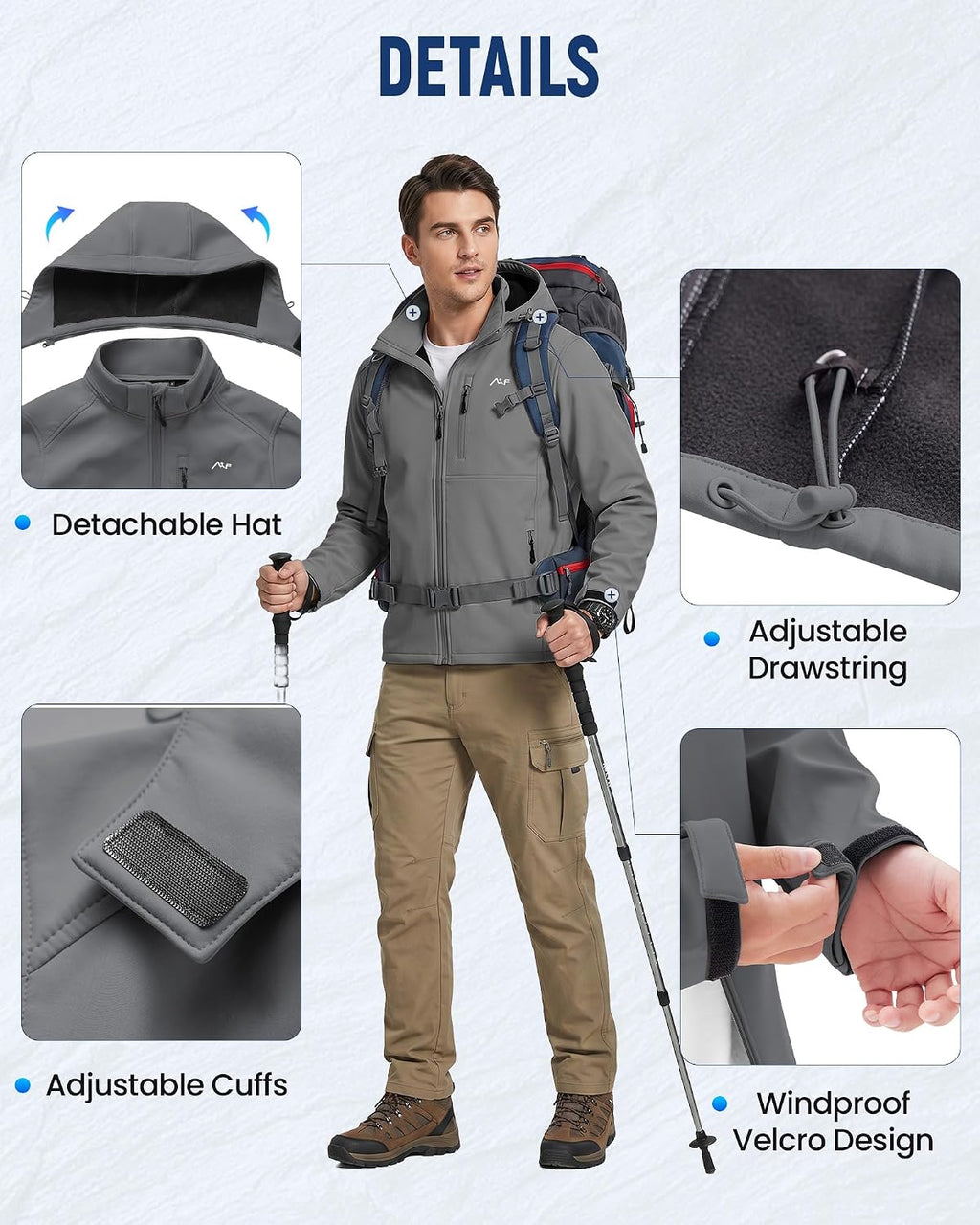 WULFUL Men's Softshell Jacket Waterproof Lightweight Insulated Windbreaker Fleece Lined Rain Shell Jacket for Hiking Travel