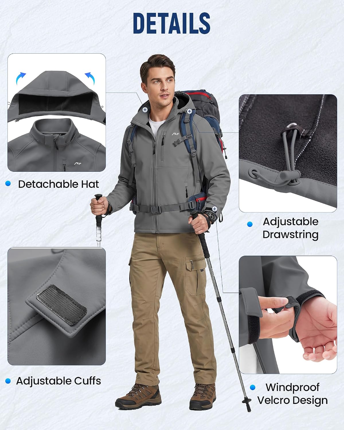 WULFUL Men's Softshell Jacket Waterproof Lightweight Insulated Windbreaker Fleece Lined Rain Shell Jacket for Hiking Travel
