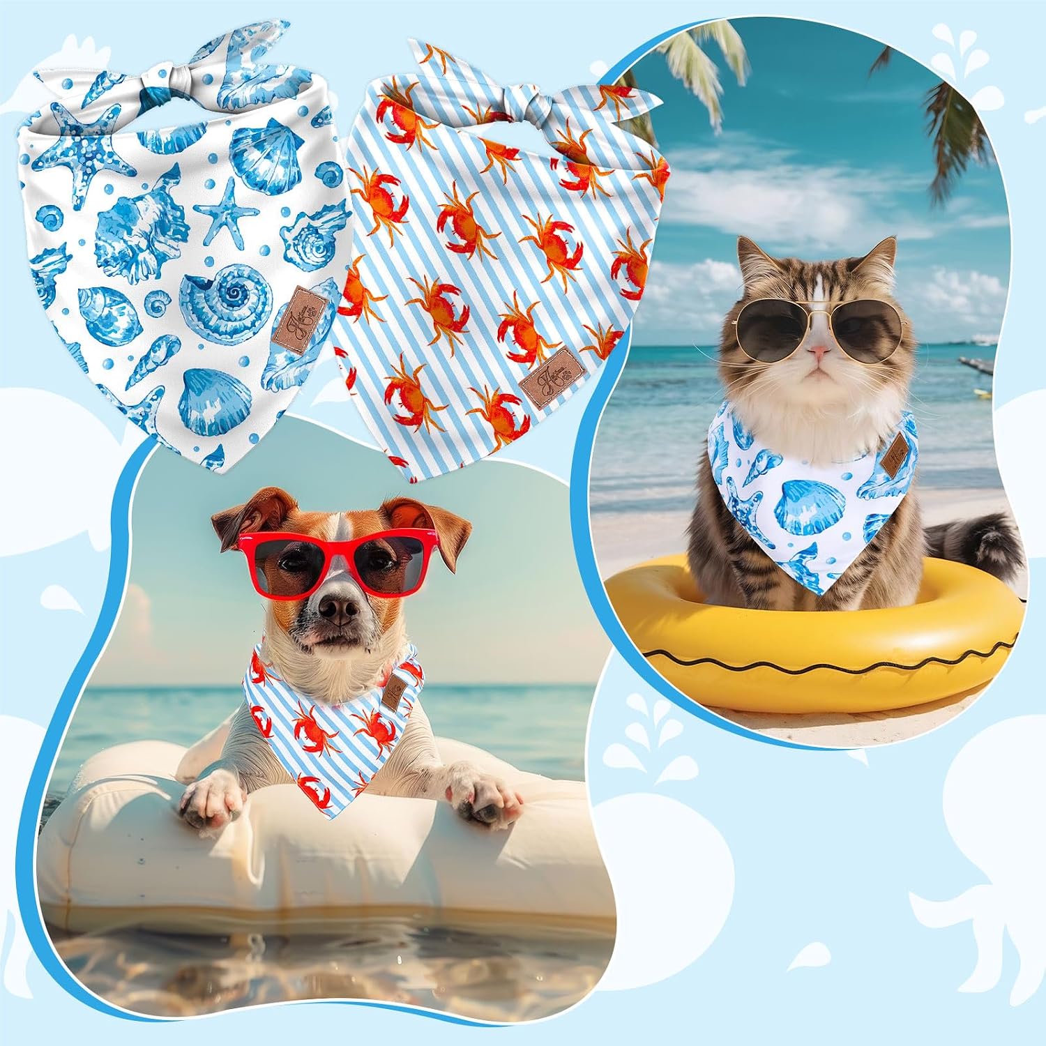 JarThenaAMCS 2Pcs Sea Dog Bandana Summer Ocean Animal Triangle Pet Scarf Double-Sided Adjustable Pet Neckerchief for Hawaiian Beach Party Decor Small Medium Large Cat Dog Costume Accessories