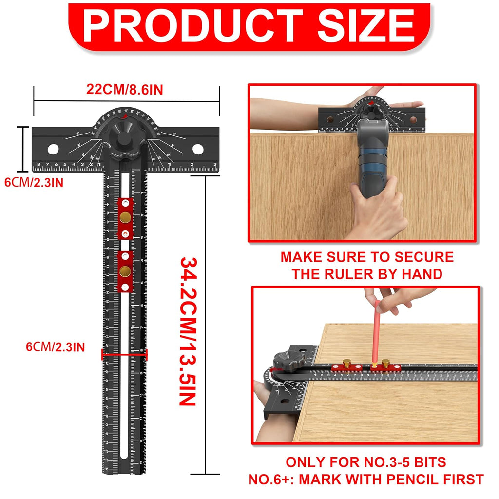 Woodworking T Square Ruler, 13.5 Inch Adjustable Angle 15-165° Measurement Tool, Aluminum Alloy, Precision Drilling Positioning Guide for Carpentry, Drafting, Contractor, Scribe Crafting, Drywall