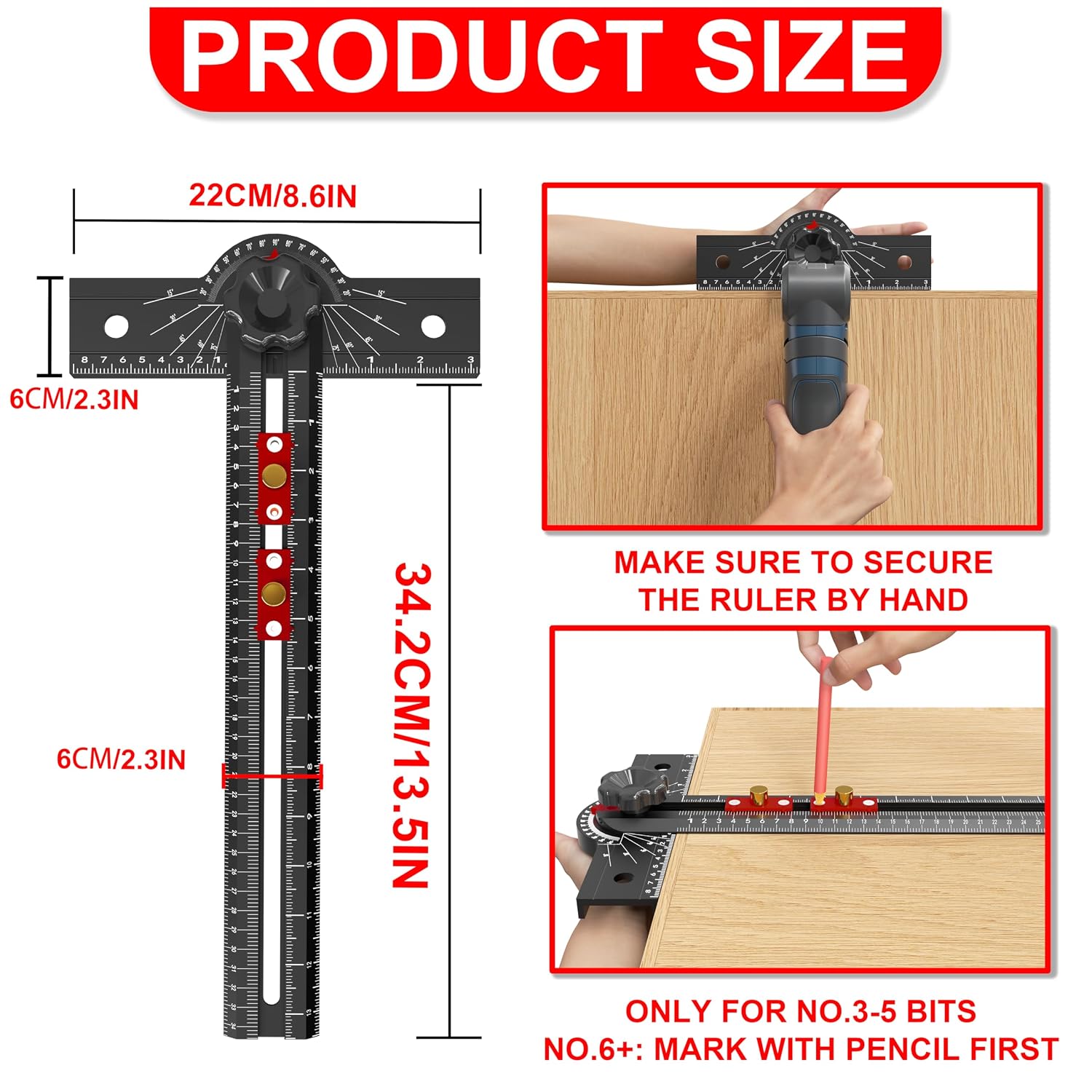 Woodworking T Square Ruler, 13.5 Inch Adjustable Angle 15-165° Measurement Tool, Aluminum Alloy, Precision Drilling Positioning Guide for Carpentry, Drafting, Contractor, Scribe Crafting, Drywall