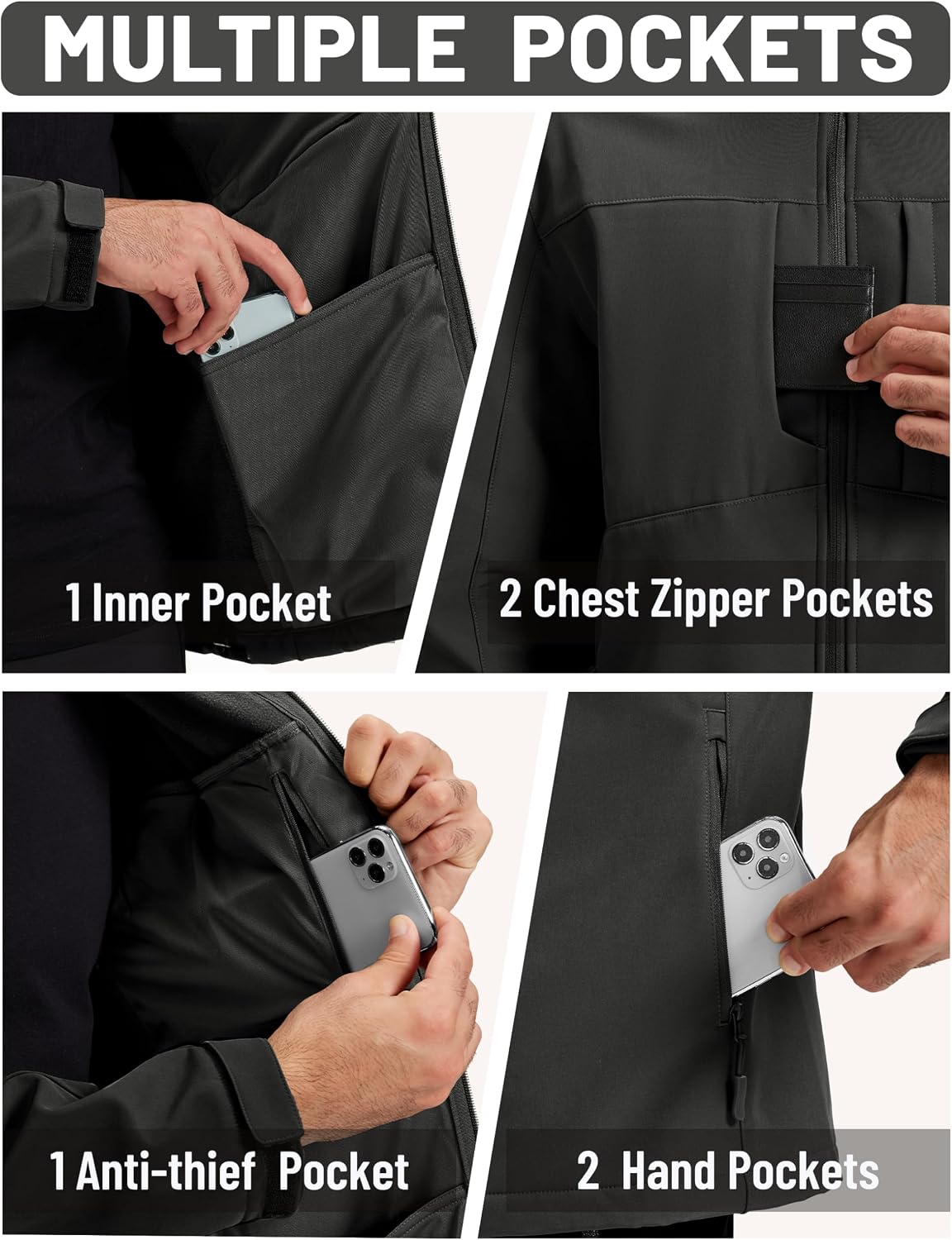 TACVASEN Men's Hooded Softshell Waterproof Fleece Lined Lightweight Jackets