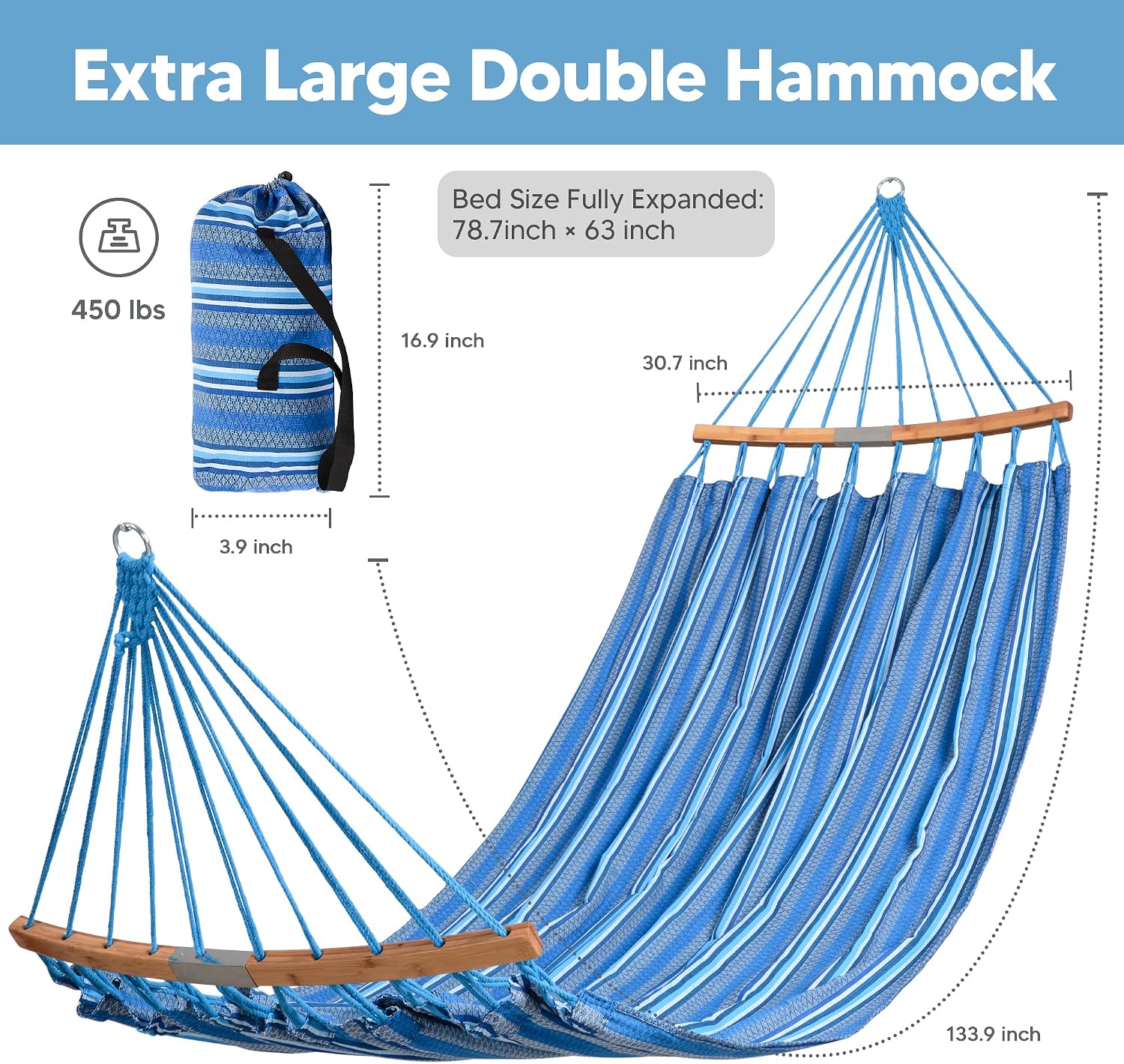 SUNCREAT Hammocks Double Hammock with Curved Spreader Bar, Blue
