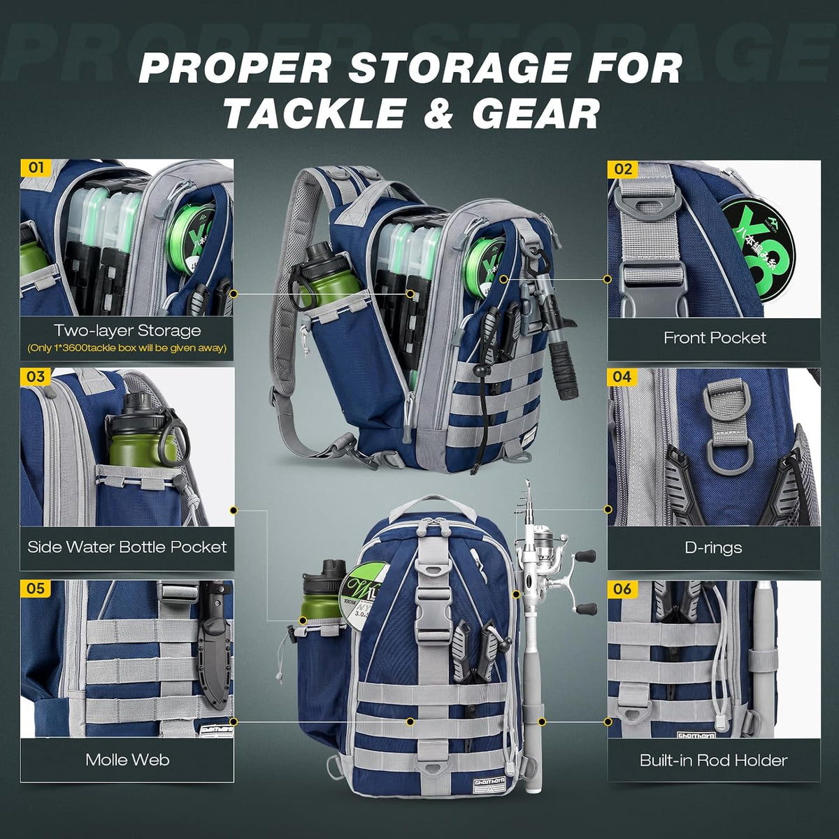 Ghosthorn Fishing Tackle Backpack with Tackle Boxes Rod Holder Fishing Bag