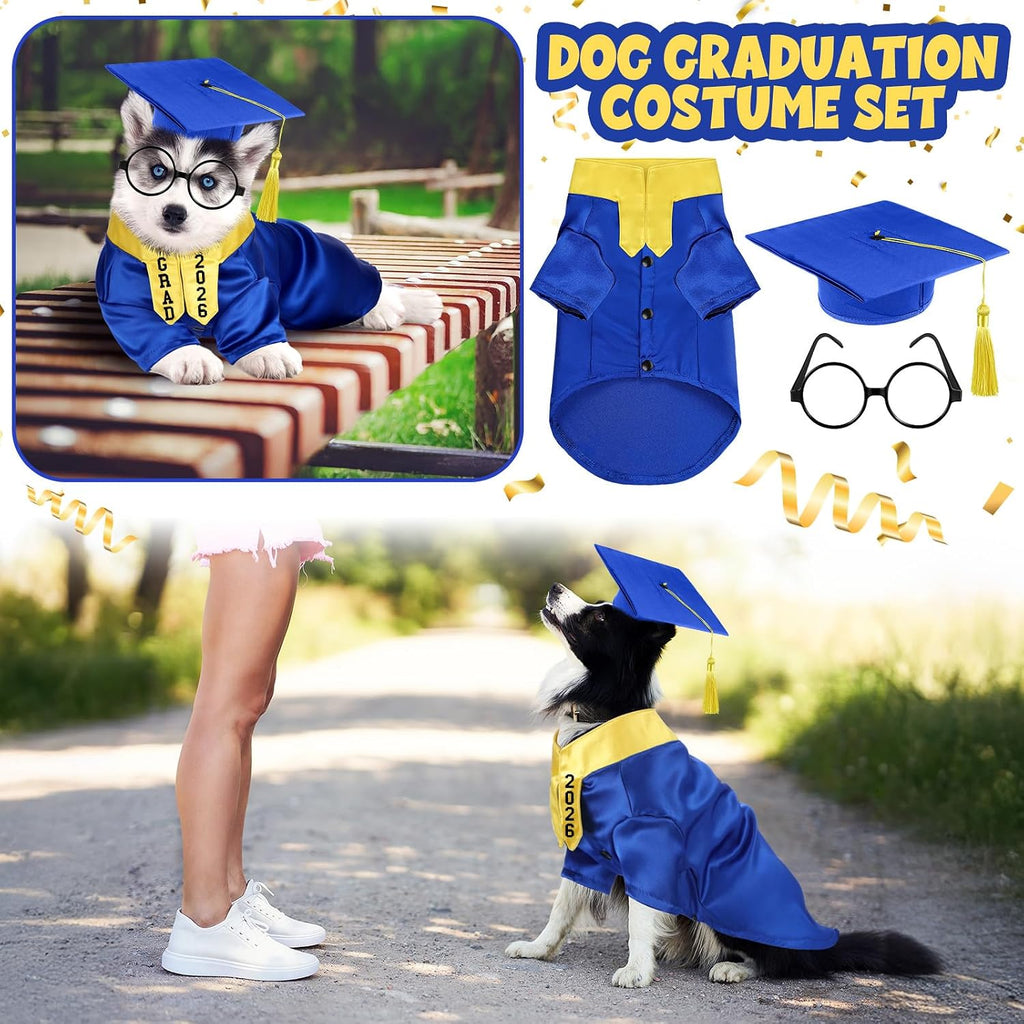 Huhumy 5 Pcs Dog Graduation Costume Set Include 2026 Pet Graduation Gown with Stole Puppy Grad Cap Lensless Glasses DIY Letter Stickers for Dogs Cats Holiday Costume Accessory(Blue Yellow,S)