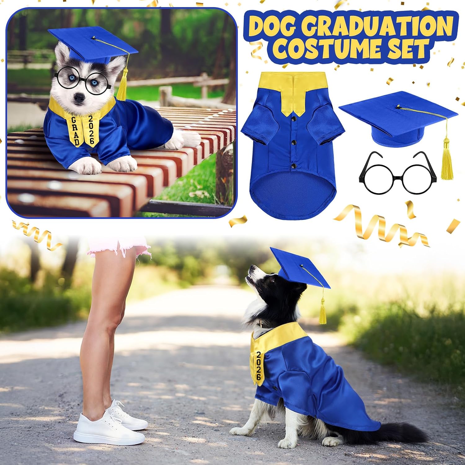 Huhumy 5 Pcs Dog Graduation Costume Set Include 2026 Pet Graduation Gown with Stole Puppy Grad Cap Lensless Glasses DIY Letter Stickers for Dogs Cats Holiday Costume Accessory(Blue Yellow,S)