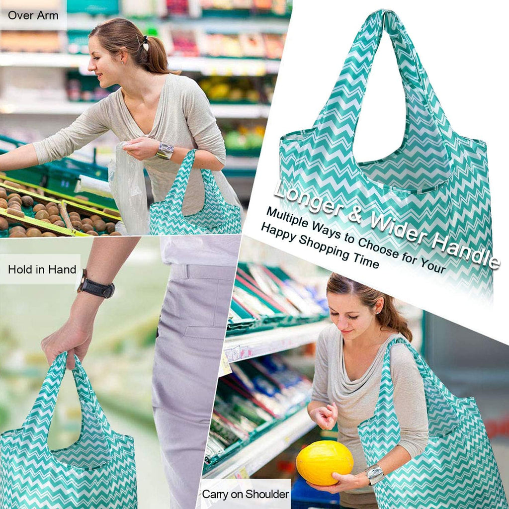BeeGreen Reusable Grocery Bags Lightweight Durable Shopping Bags Washable Foldable 12 Pack Xlarge Classic Geometric Design Gift Tote Grocery Bags with Elastic Band and Separated Zipper Storage Pouch