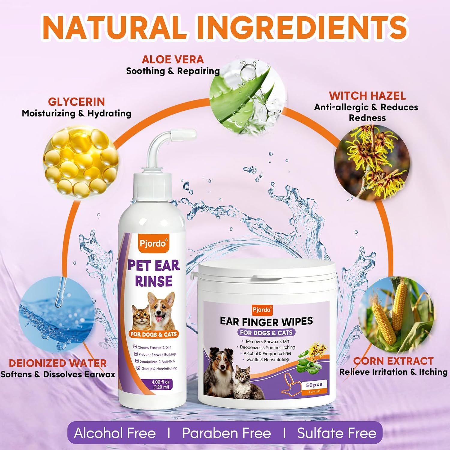 Pjordo Pet Ear Cleaner for Dog & Cat, Natural Formula - Aloe & Witch Hazel