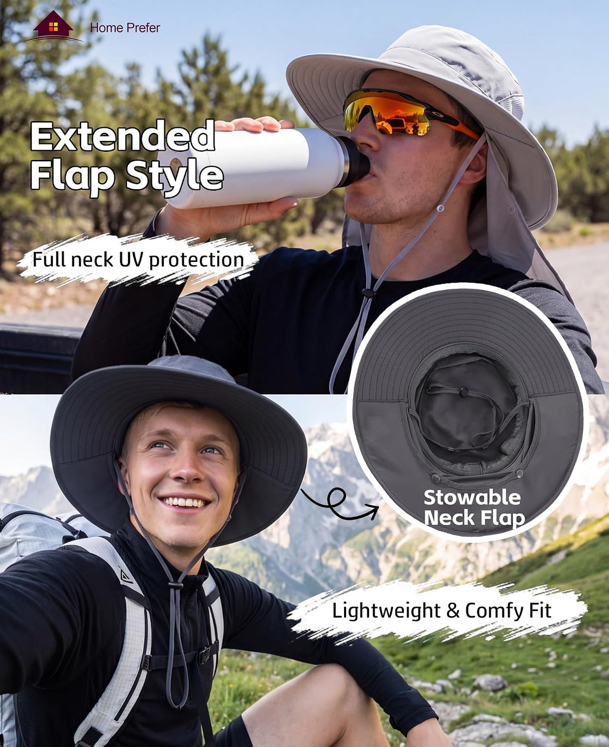 Home Prefer UPF 50+ Wide Brim Sun Hats with Neck Flap Sun Protection Hat for Men Women Gardening Fishing Summer Bucket Hat