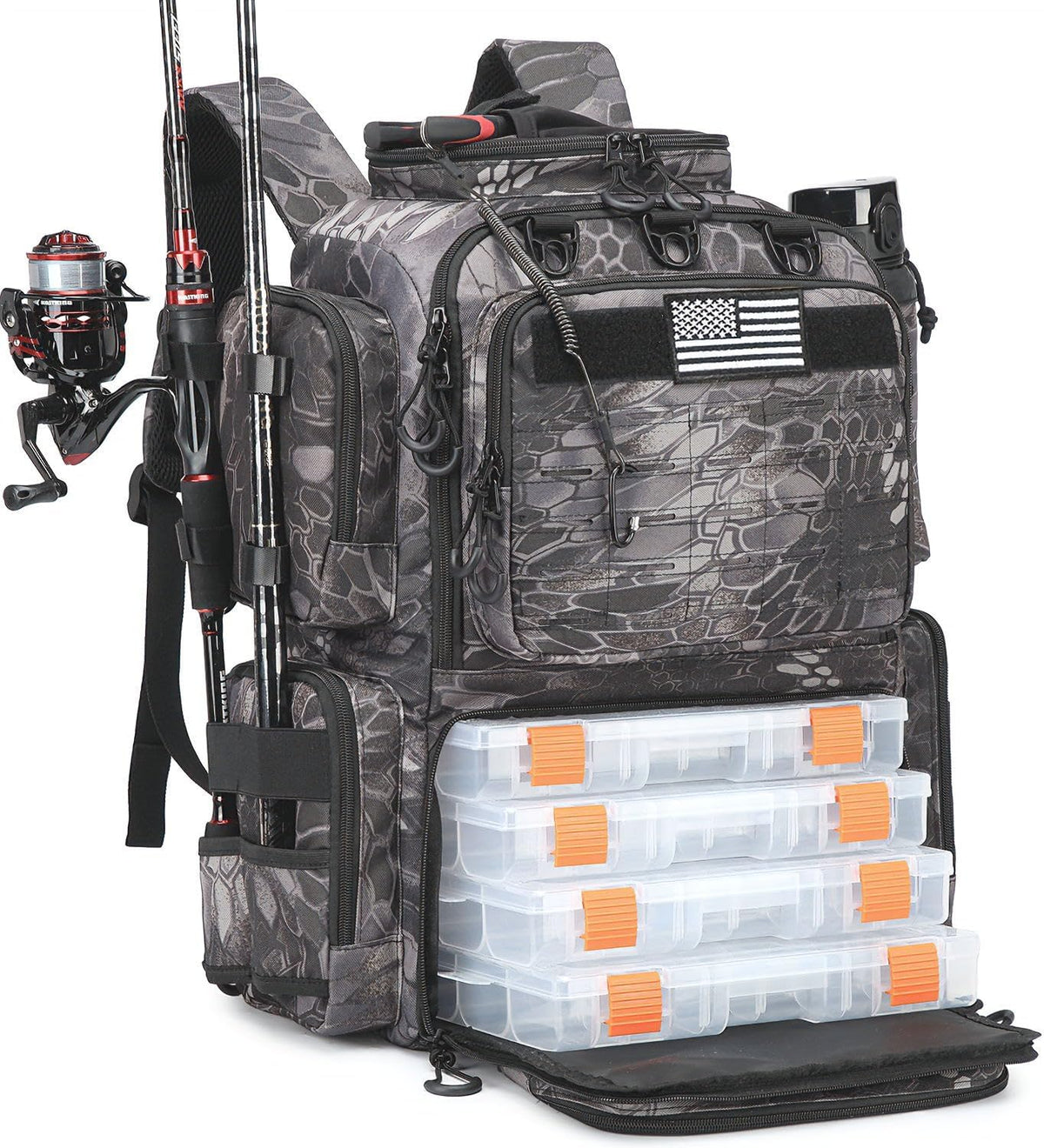Tactical Fishing Backpack with 4 Tackle Boxes, Rod Holders & Bottle Holder