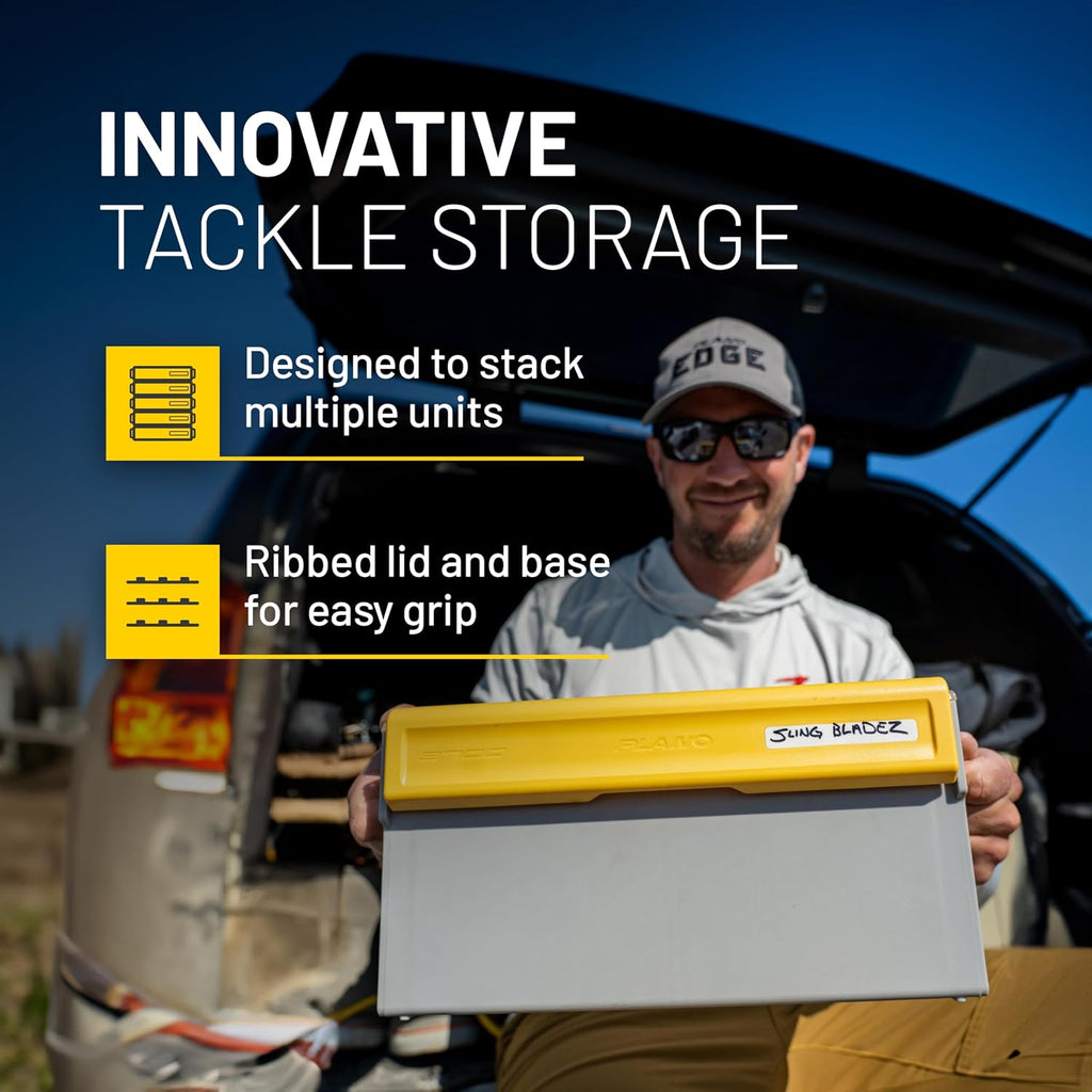 Plano EDGE Premium Spinnerbait Tackle Utility Box, Clear and Yellow, Rust-Resistant Storage, Waterproof Tackle Tray Organizer for Buzz Baits, Swimbaits, and Crankbaits