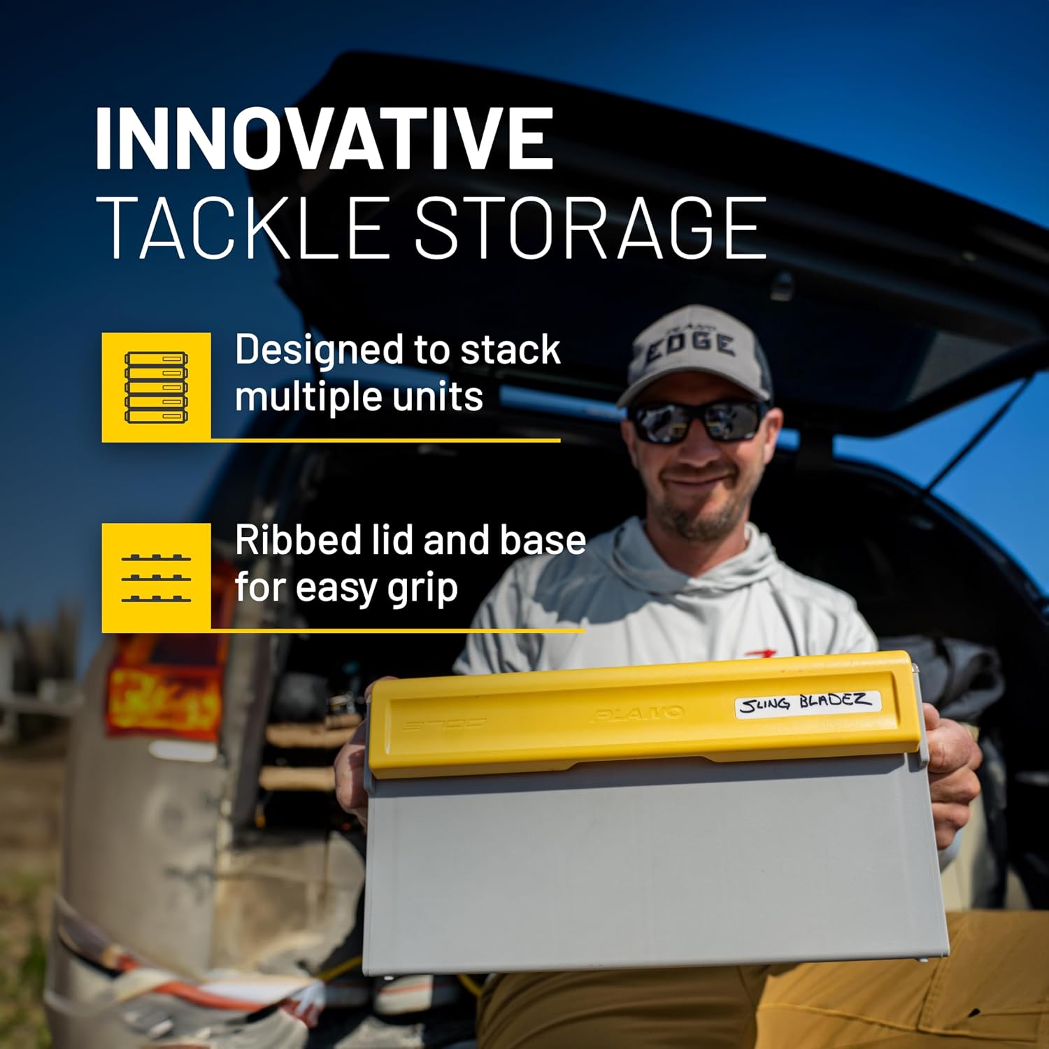 Plano EDGE Premium Spinnerbait Tackle Utility Box, Clear and Yellow, Rust-Resistant Storage, Waterproof Tackle Tray Organizer for Buzz Baits, Swimbaits, and Crankbaits