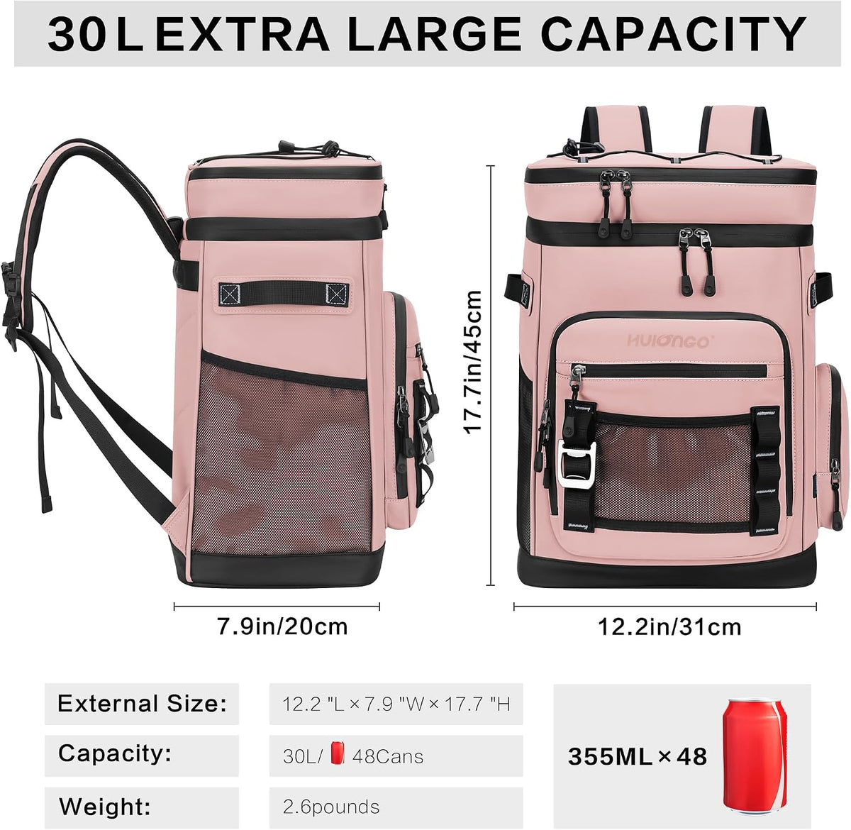 Hulongo Large Waterproof Insulated Cooler Backpack, 30L, 48Cans
