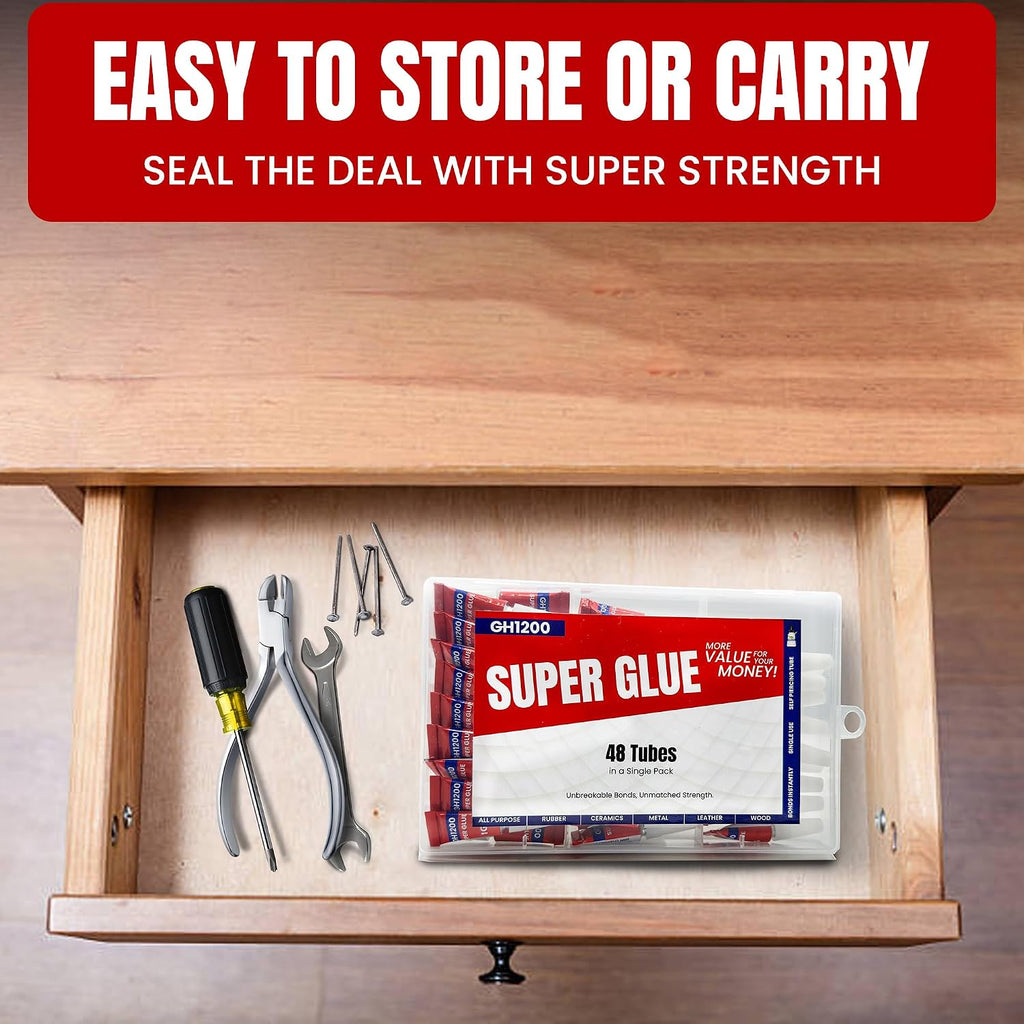 GH1200-1 Gram (Pack of 48) Single-Use Super Glue All Purpose, Super Fast, Thick & Strong Adhesive Superglue, Cyanoacrylate Glue for Hard Plastics, DIY Craft, Ceramics, Frame, Leather, Metal Etc