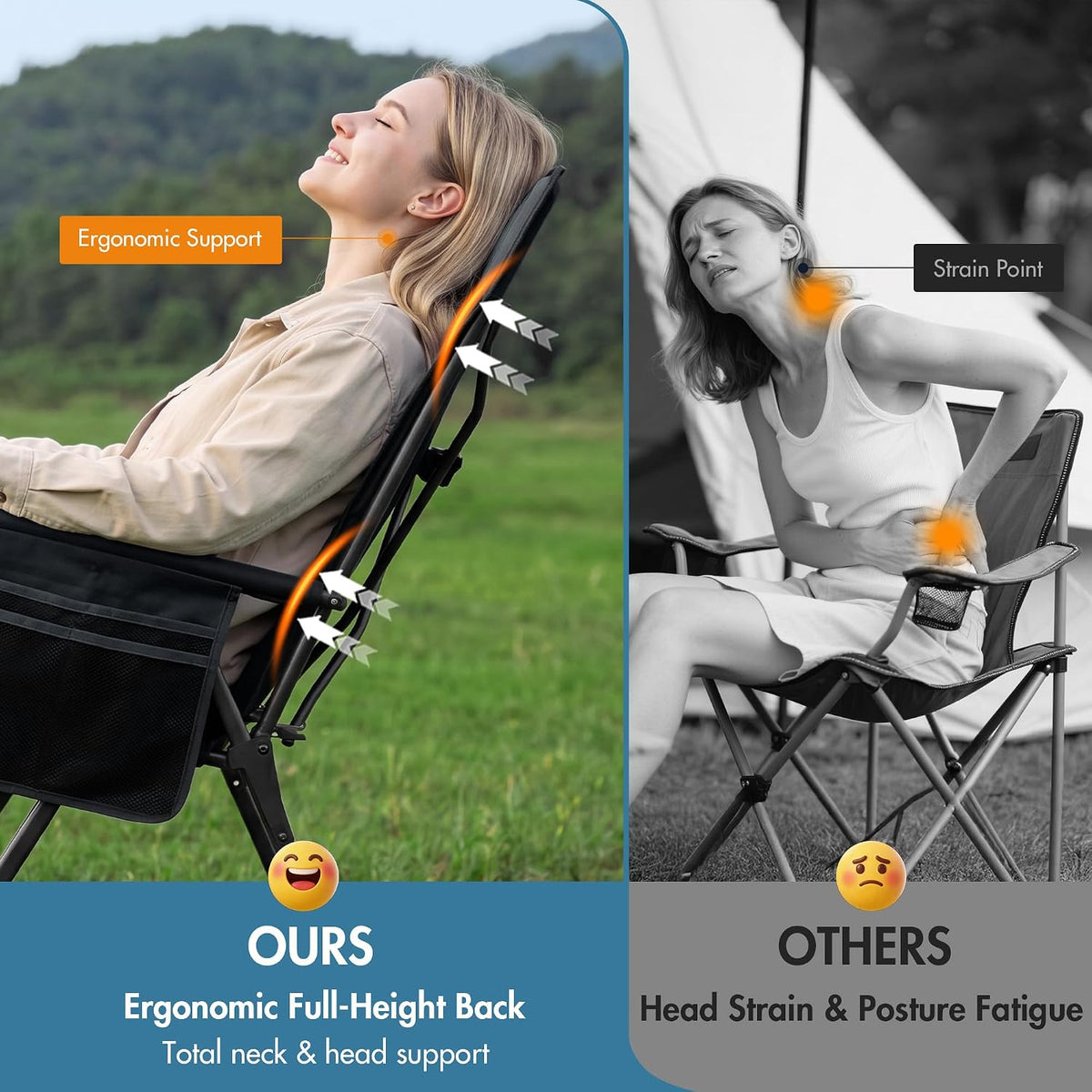 Portal Reclining Camping Chair High Back, 3-Position Hard Armrests, 350 lbs