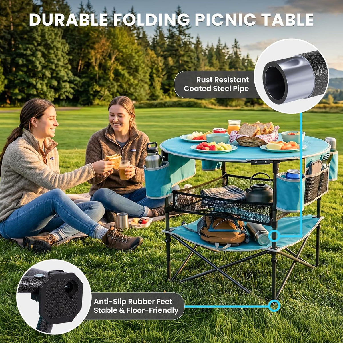 FUNDANGO Folding Beach Table, 3-Tier Removable Mesh Shelf, 4 Cup Holders