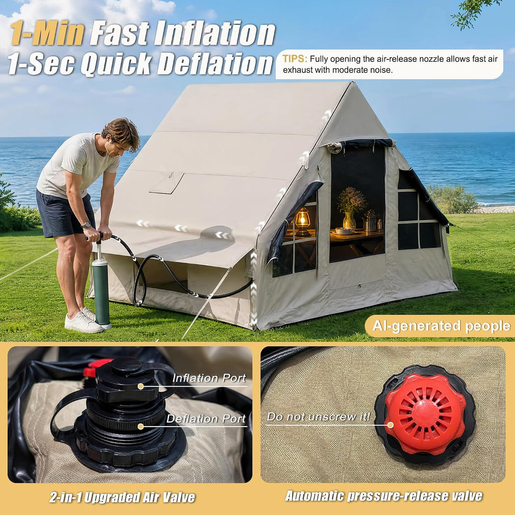 Inflatable Tent for 4-Season Camping, Blow up Glamping Tent for 4-6 Person