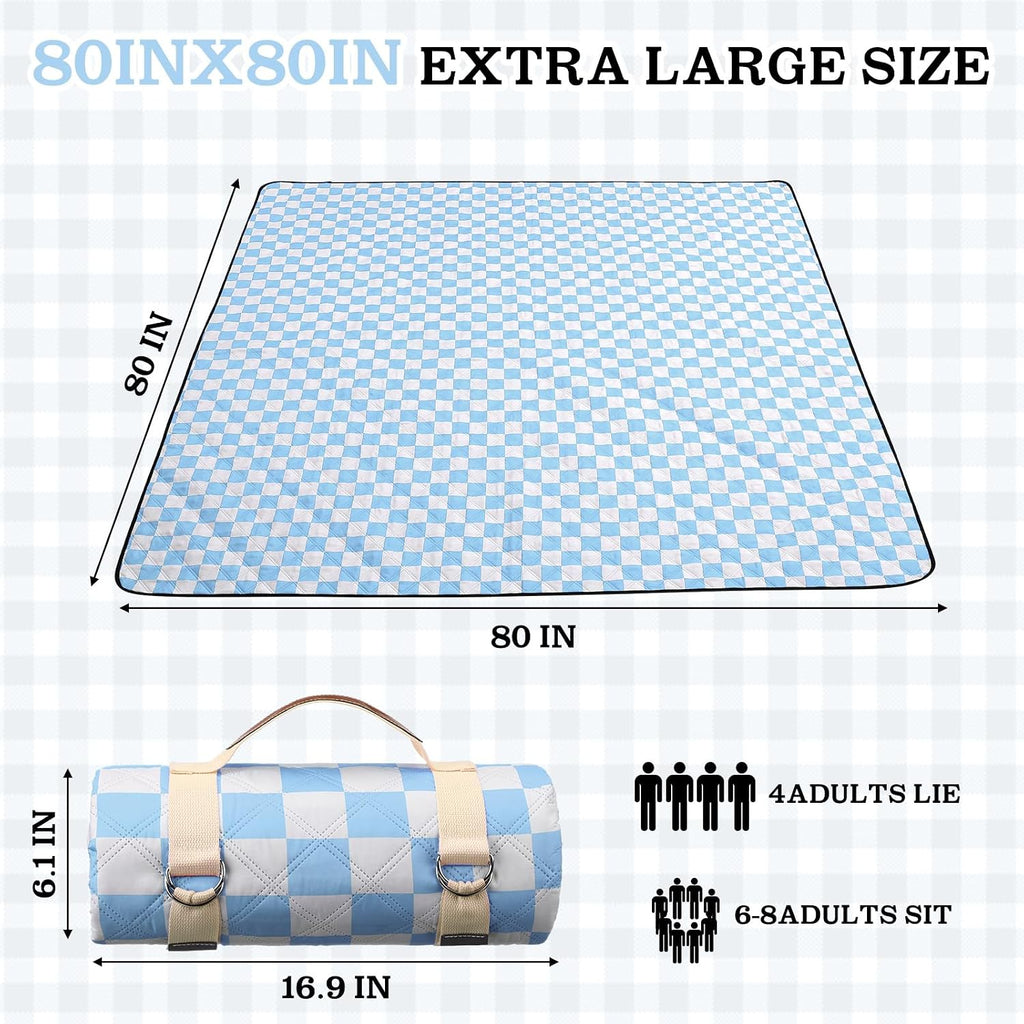 Nuanchu Checkered Picnic Blanket Extra Large Outdoor Blanket Sandproof 80"x80" Waterproof Portable Machine Washable 3 Layer Thick Gingham Picnic Mat for Beach Camping Park Grass Travel(Light Blue)
