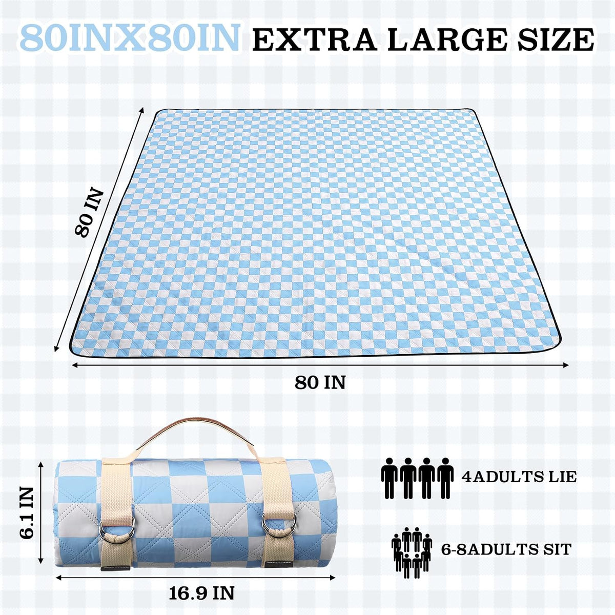 Nuanchu Checkered Picnic Blanket Extra Large Outdoor Blanket Sandproof 80"x80" Waterproof Portable Machine Washable 3 Layer Thick Gingham Picnic Mat for Beach Camping Park Grass Travel(Light Blue)