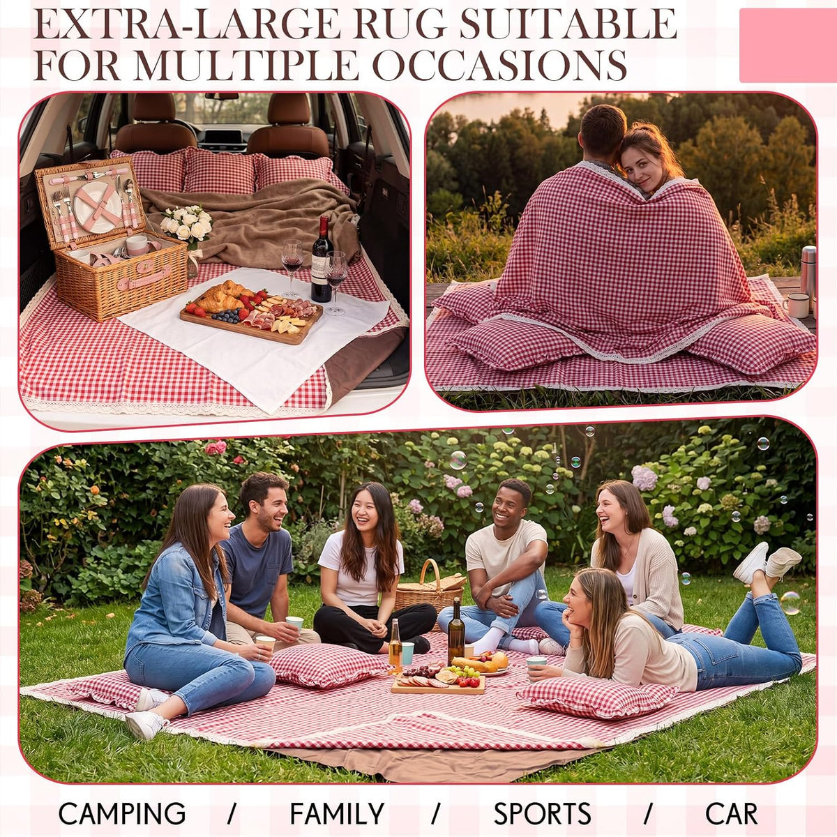 Boao Extra Large Picnic Blanket, 98" x 78" Red Gingham Picnic Blanket Set