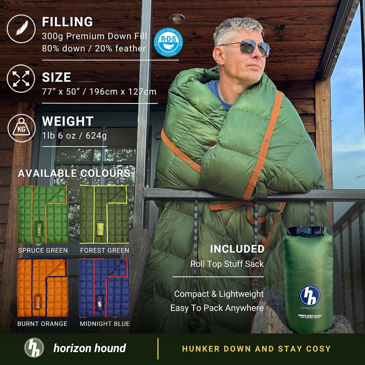 Horizon Hound Down Camping Blanket 650 Fill Power - Ultralight Backpacking Quilt (1lb 6oz) Warm & Water-Resistant 20D Nylon Shell for Outdoors, Camping, Hiking, Travel, & Stadium - Packable