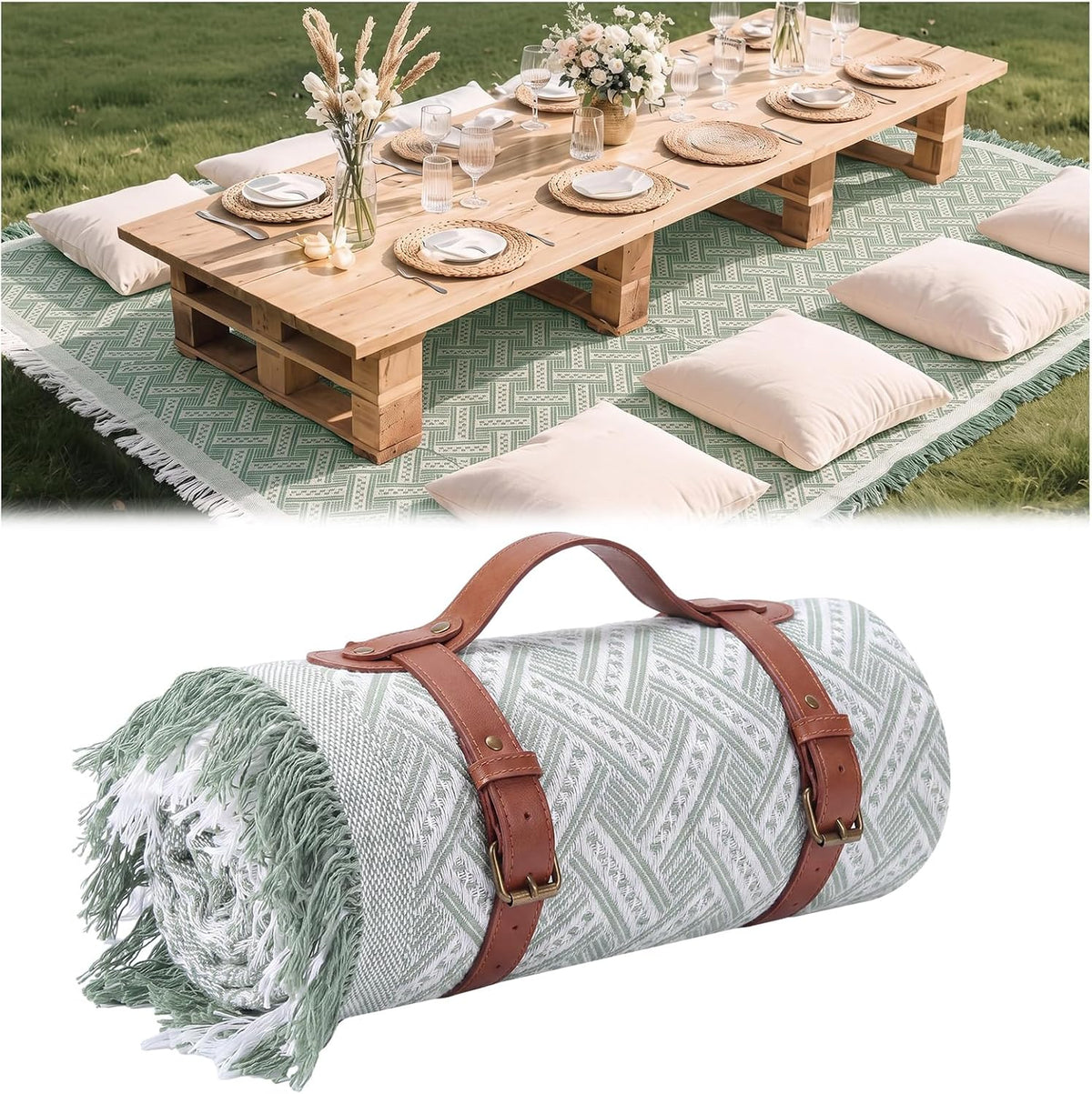 Frienda 72 x 92 Inch Large White Outdoor Picnic Blanket Woven Cotton