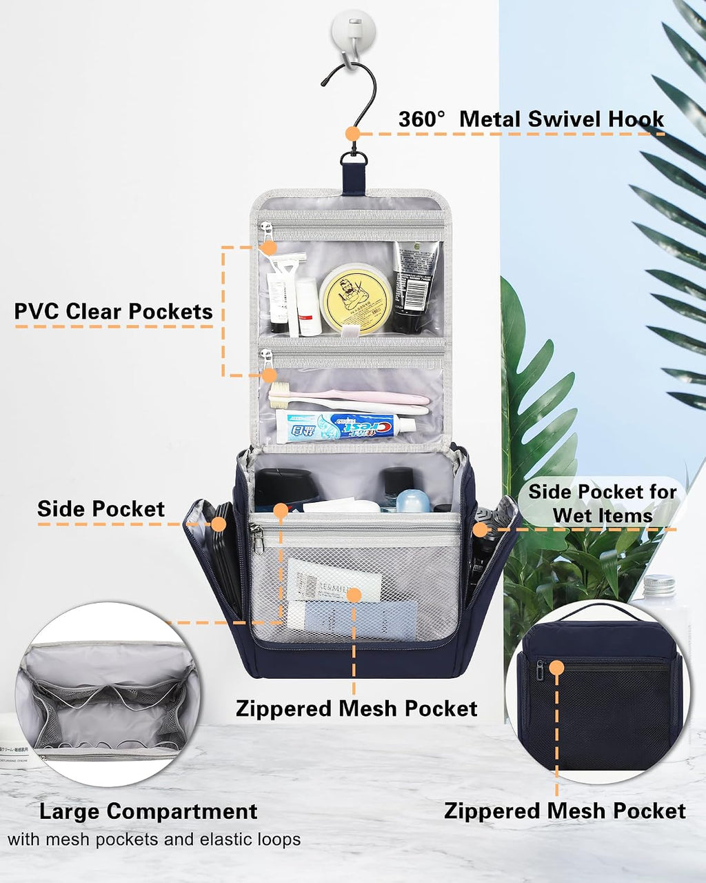 Relavel Hanging Toiletry Bag for Men, Travel Makeup Bag for Women, Blue