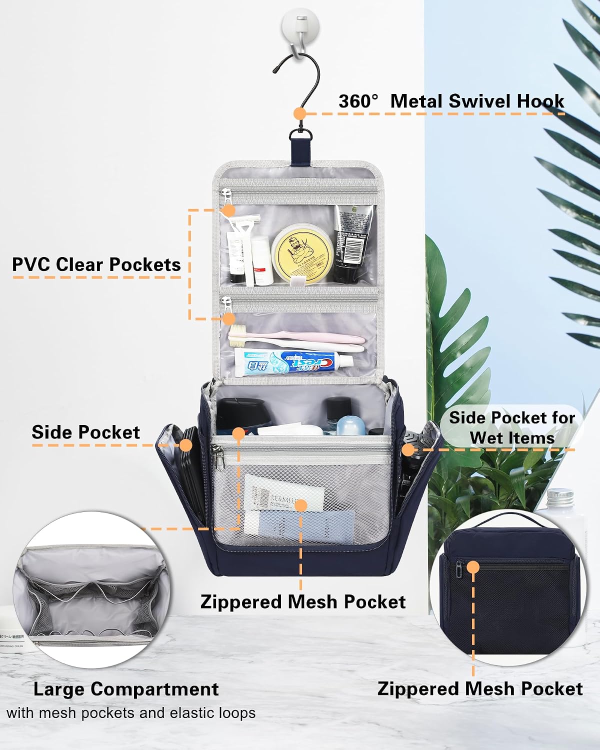 Relavel Hanging Toiletry Bag for Men, Travel Makeup Bag for Women, Blue