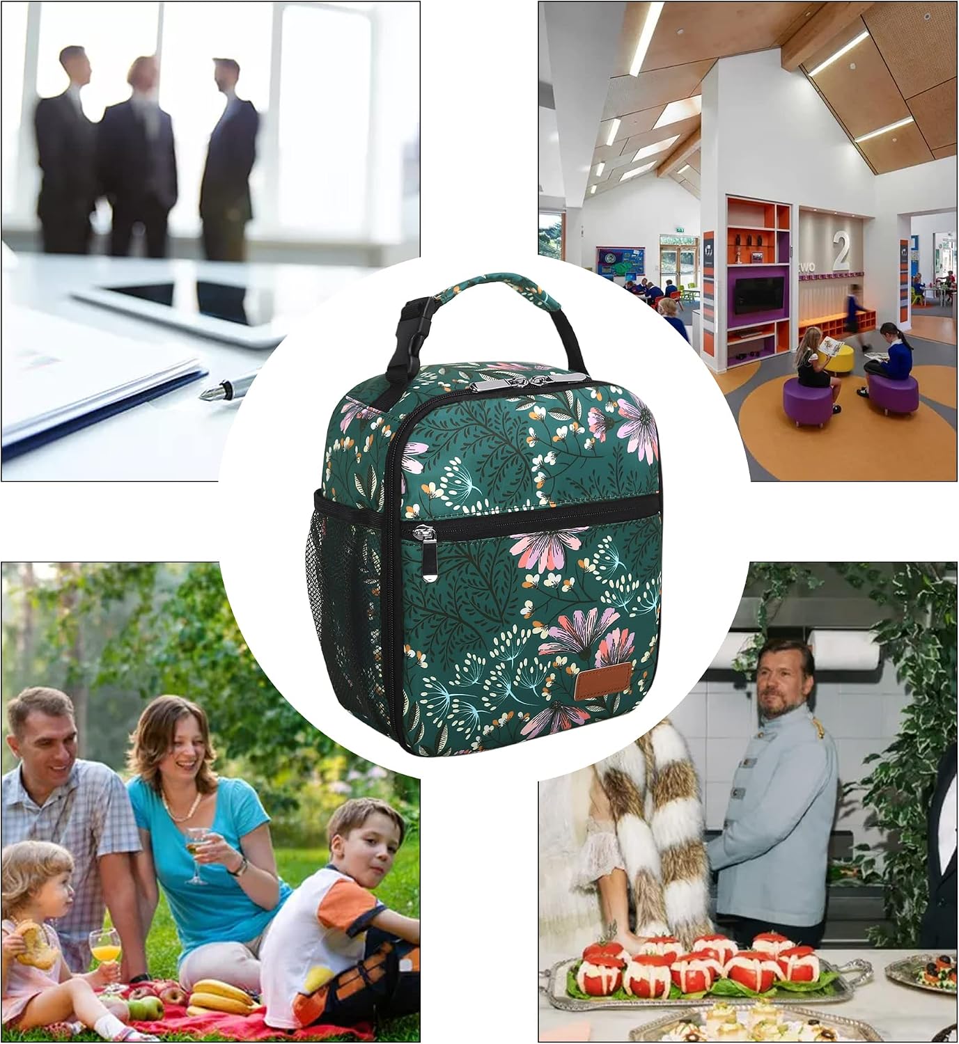 Femuar Lunch Box for Men Women Adults Small Lunch Bag for Office Work Picnic - Reusable Portable Lunchbox, Malachite Green Flower