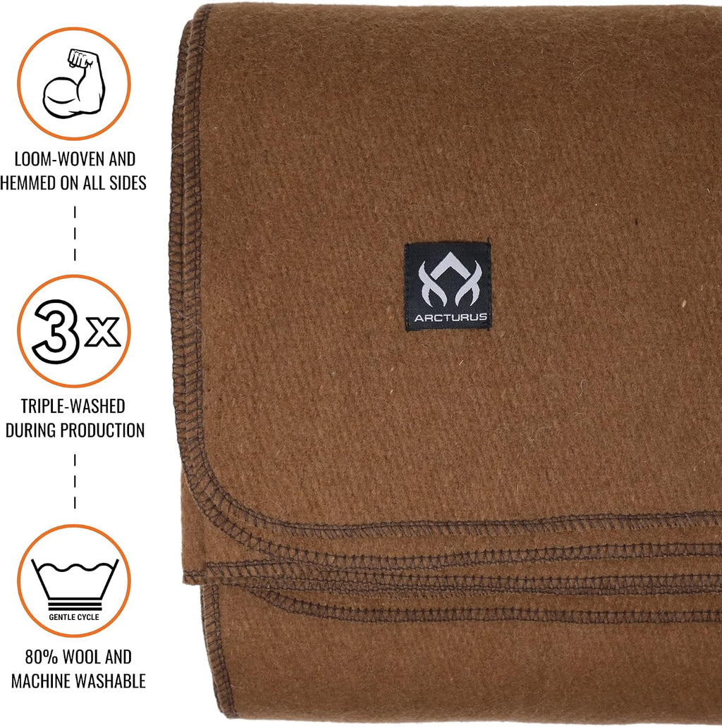Arcturus Military Wool Blanket - Warm, Thick, Washable - Great for Outdoors, Camping, Stadium Blanket, Picnics, Travel - Car & Bushcraft Survival Kits