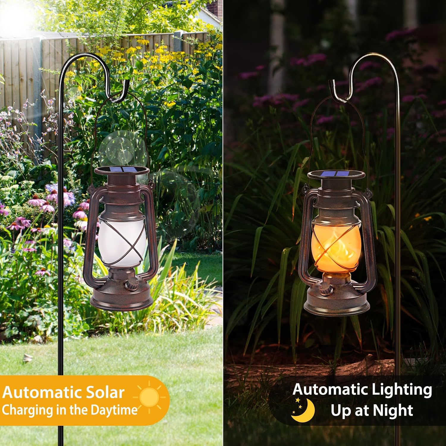 Solar Lanterns Outdoor Waterproof, 2 Pack Bronze Flickering Flame Lights
