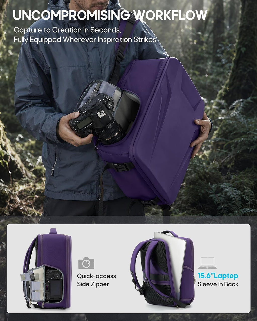 RAINSMORE Camera Backpack,Hardshell Photography DSLR Camera Bag，Purple