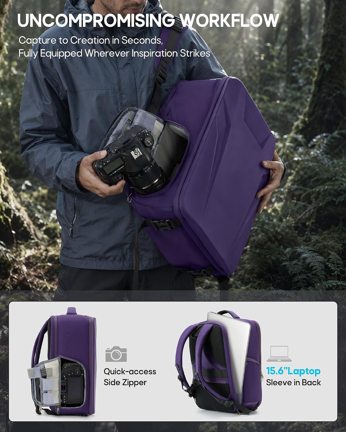 RAINSMORE Camera Backpack,Hardshell Photography DSLR Camera Bag，Purple