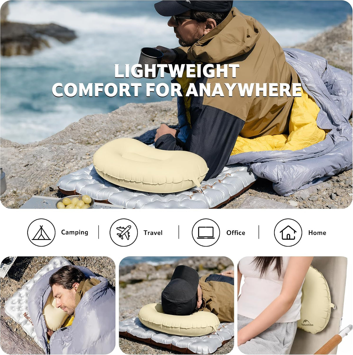 Naturehike Ultralight Inflatable Camping Travel Pillow, 2.5oz Portable Travel Air Pillow with Adjustable Valve & Fixing Buckle, TPU Blow Up Pillow for Camp Backpacking Hiking Car Airplane Trip, White