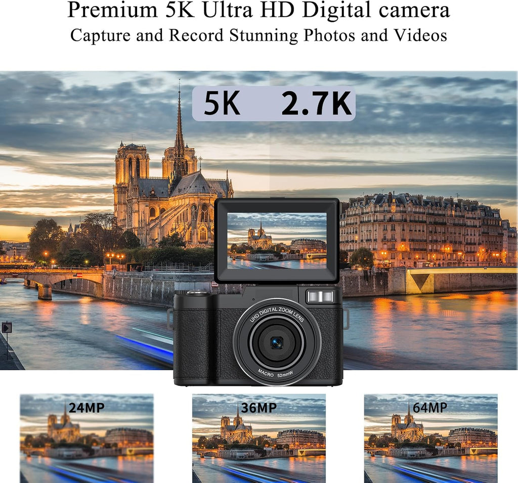 5K Digital Camera for Photography 64MP Auto-Focus Vlogging Camera for YouTube 3" 180° Flip Screen Compact Travel 18X Digital Zoom, Anti-Shake 2 Batteries & 32GB TF Card