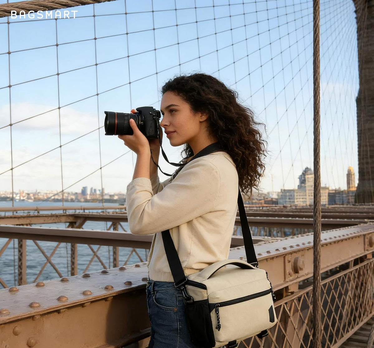 BAGSMART Camera Sling Bag with Tripod Holder & Rain Cover, Ivory White