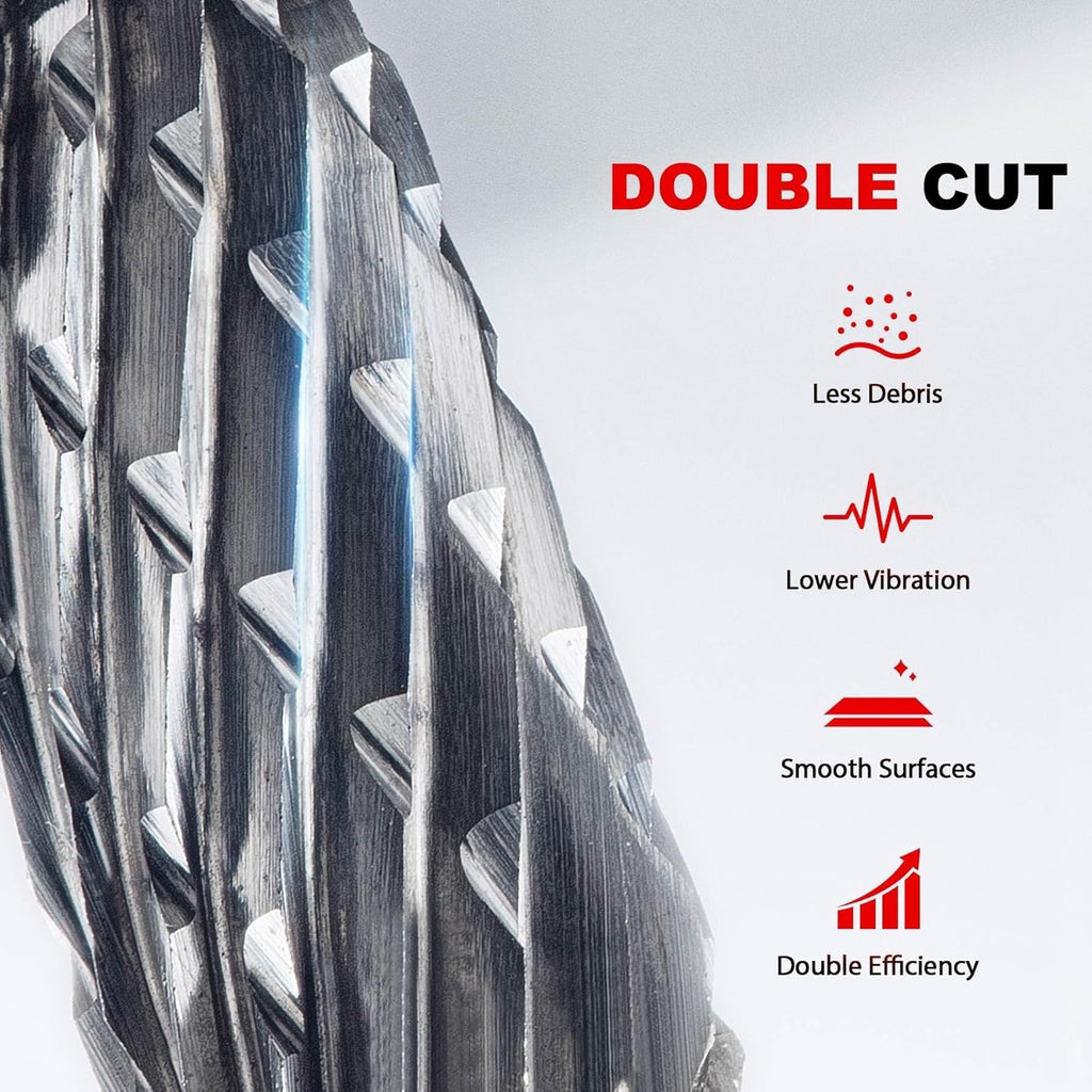 HAUTMEC Tungsten Carbide Rotary Burr Bit YG6, 1/4" Shank Double Cut Die Grinder Bit, Low Vibration Precision Rotary File for Metal Grinding, Engraving & Deburring (6MM Cylindrical Ball End), HT0198