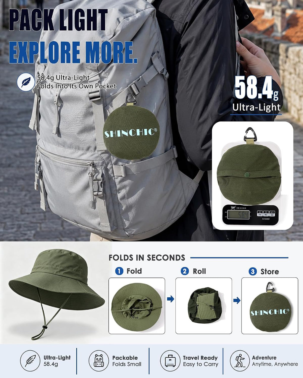 Water-Resistant UPF 50+ Sun Bucket Hat Packable Brimmed for Women Men