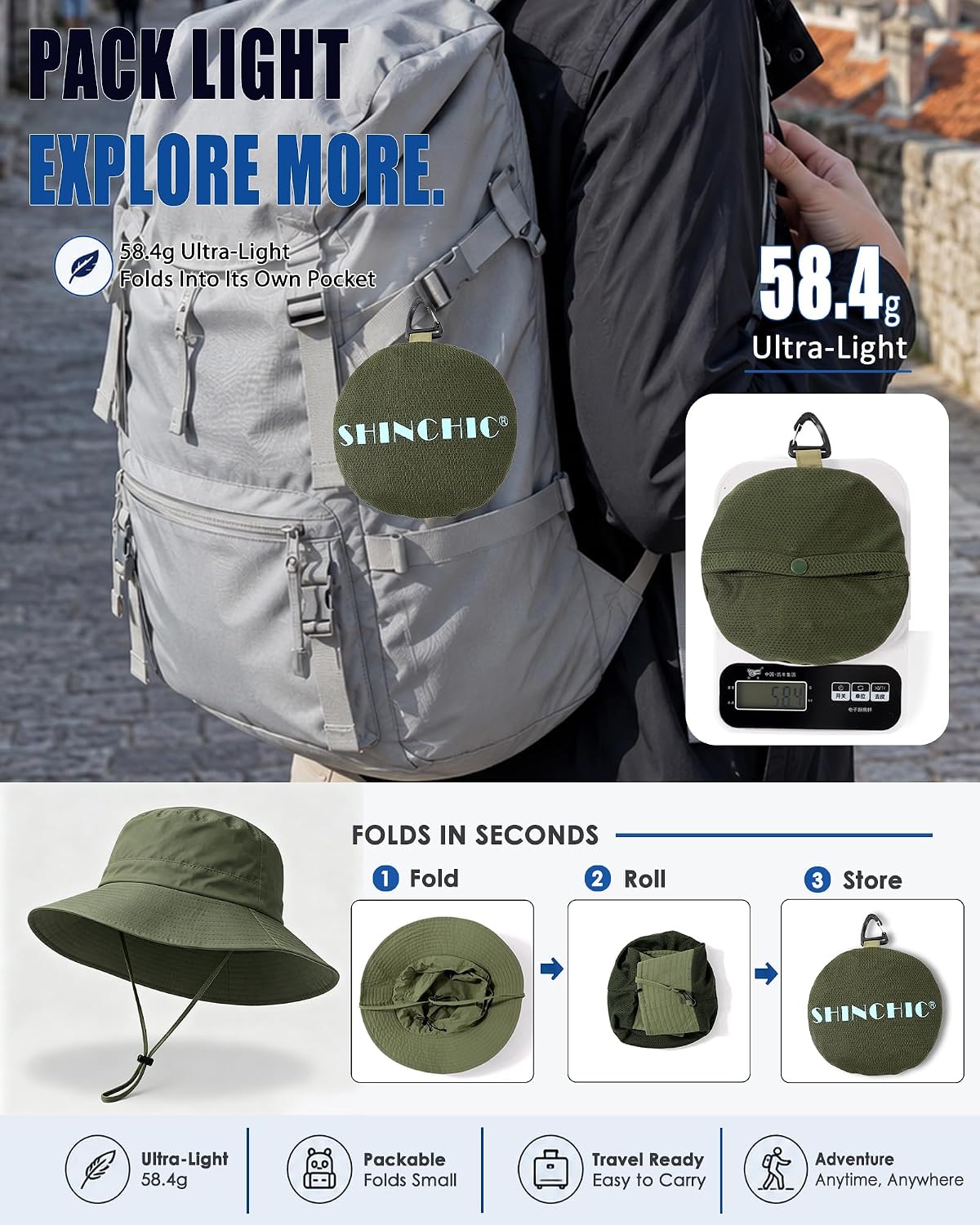 Water-Resistant UPF 50+ Sun Bucket Hat Packable Brimmed for Women Men