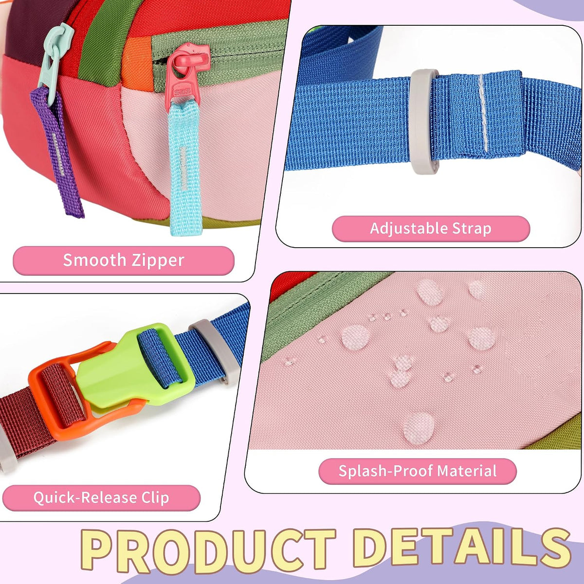 Retro Fanny Pack for Women Men Hiking Waist Packs 2 Pockets Color-blocking Belt Bags for Festival 80s 90s Theme Party Running Traveling (Pink)