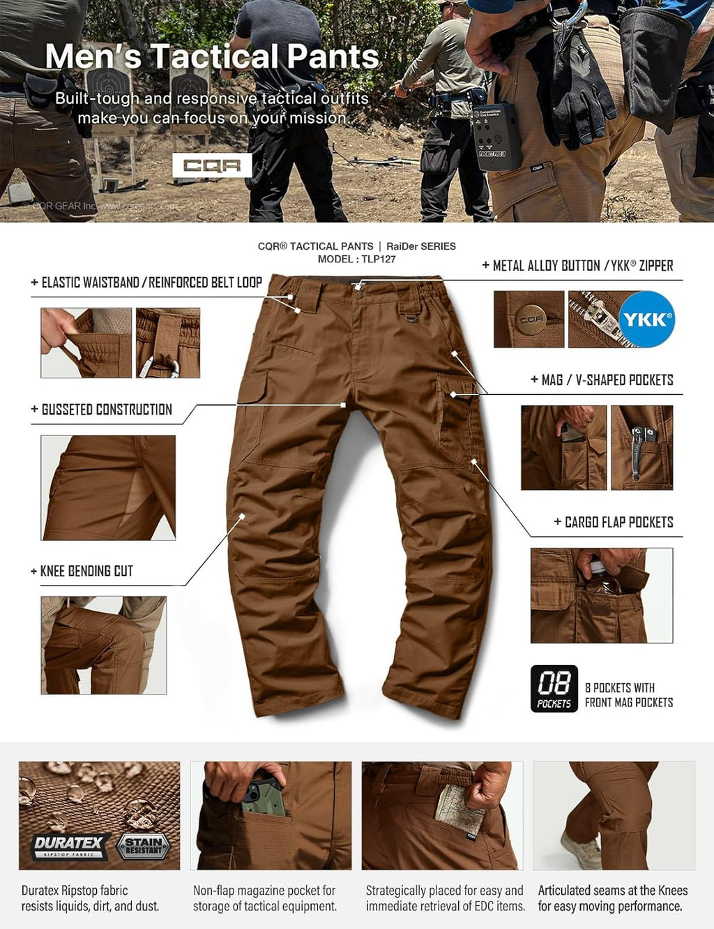 CQR Men's Tactical Pants, Water Resistant Ripstop Cargo Pants, Lightweight EDC Work Hiking Pants, Outdoor Apparel