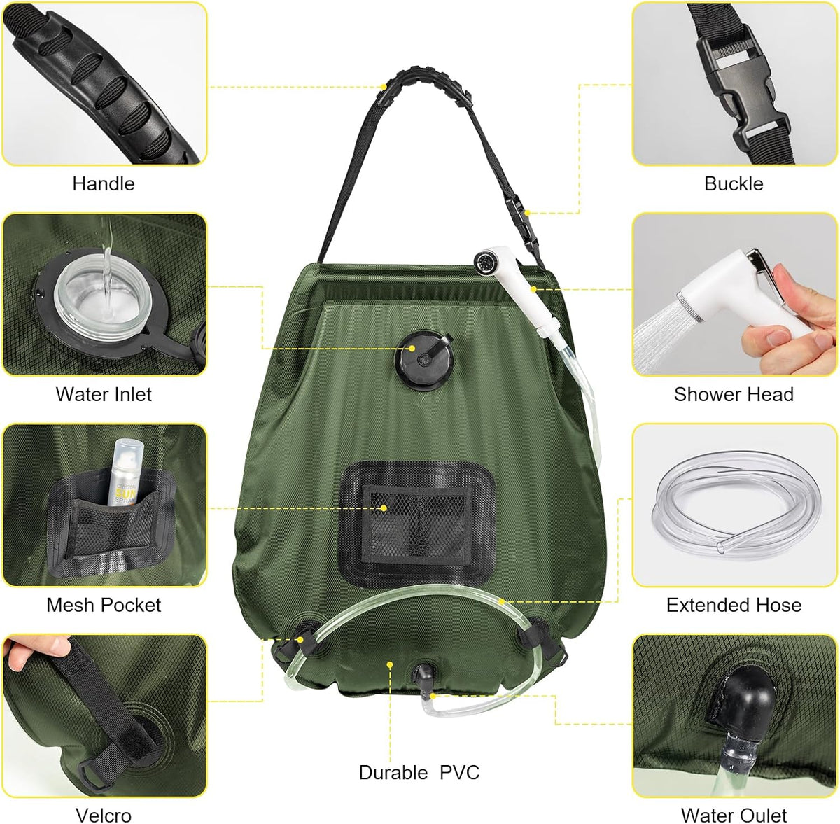Portable Camping Shower Tent,Shower Tent Kit, Outdoor Pop Up Privacy Tent,Changing Tent with 5 Gallon Shower Bag-(Nozzle Upgraded)