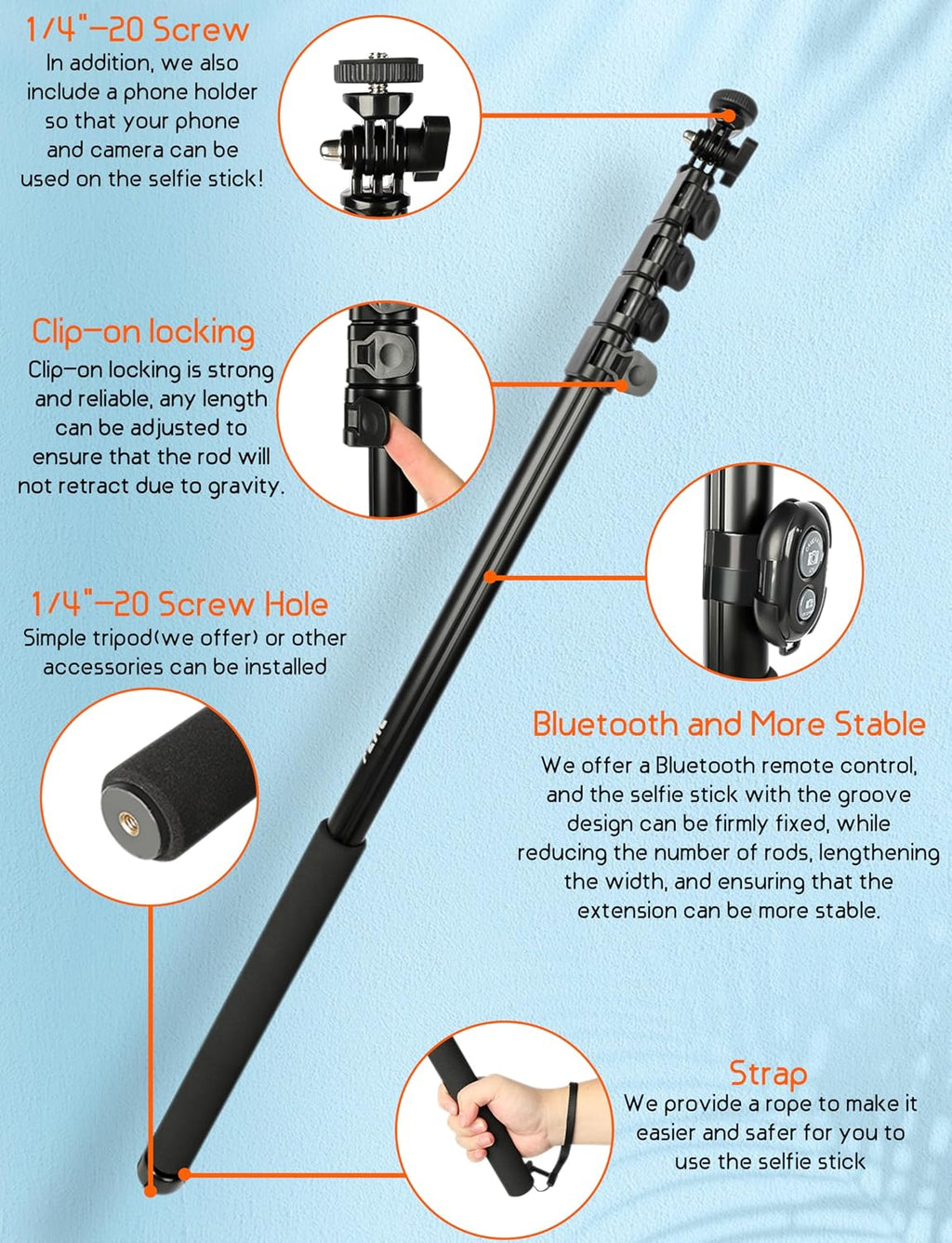 BMZX 118" Long Selfie Stick Tripod for iPhone & Android (29 to 118")